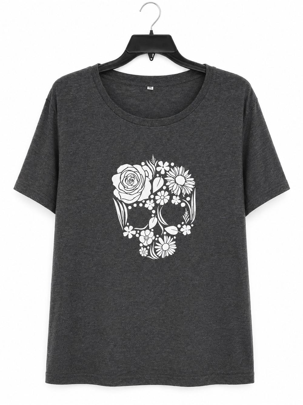 Women’s Charcoal Floral Skull Halloween Graphic T-Shirt Size 3XL